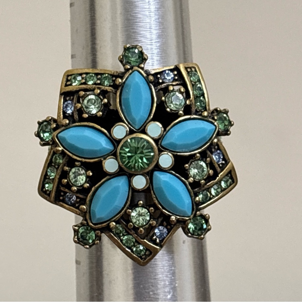 HEIDI DAUS RING 8 TURQUOISE BLUE TOPAZ ART DECO VINTAGE BRONZE STATEMENT